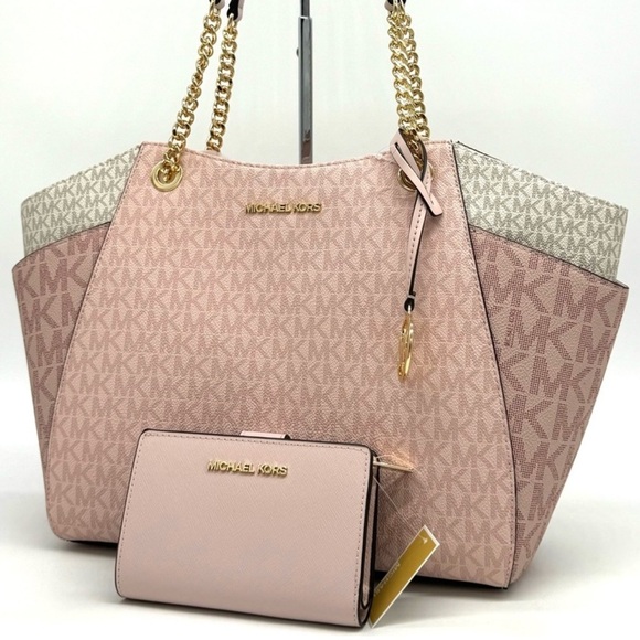 Michael Kors Large JST Chain Shoulder Bag & Bifold Zip Chain Wallet Powder Blush - Picture 1 of 13